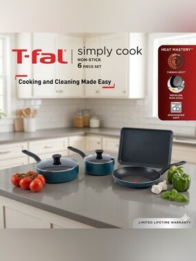 T-Fal Simply Cook Non-Stick Cookware Set 6-Piece - Blue, Thermo-Spot, New in Box
